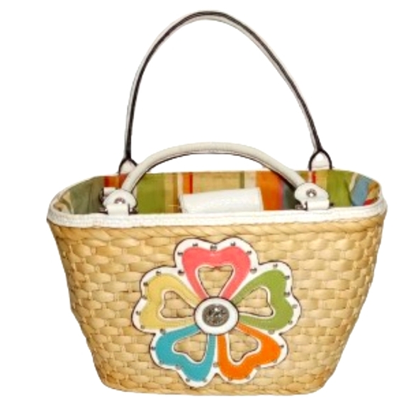 Handbags - Tan Wicker Flower Hand Bag Bucket Bag